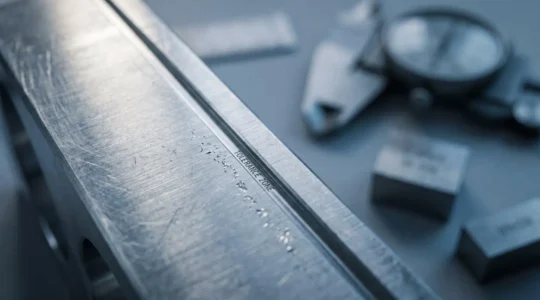 Gros plan d'une pièce mécanique usinée avec précision sur un équipement de contrôle dimensionnel professionnel
