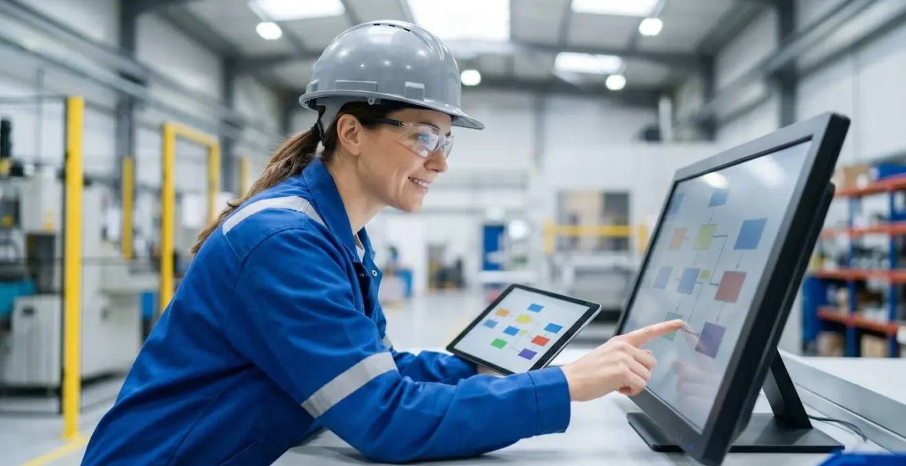 Opérateur industriel consultant une procédure simplifiée sur son poste de travail en usine