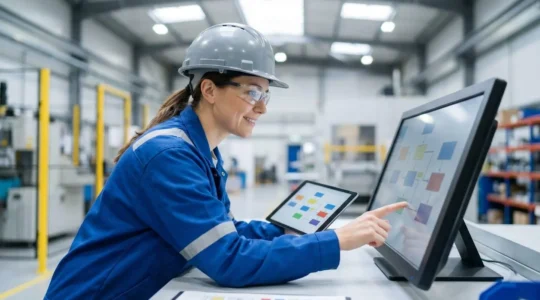 Opérateur industriel consultant une procédure simplifiée sur son poste de travail en usine