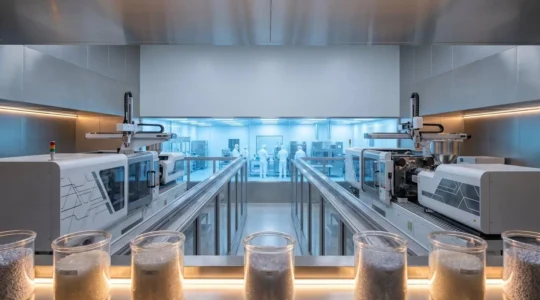 Scène industrielle évoquant la transformation d'un atelier de plasturgie automobile vers le secteur médical