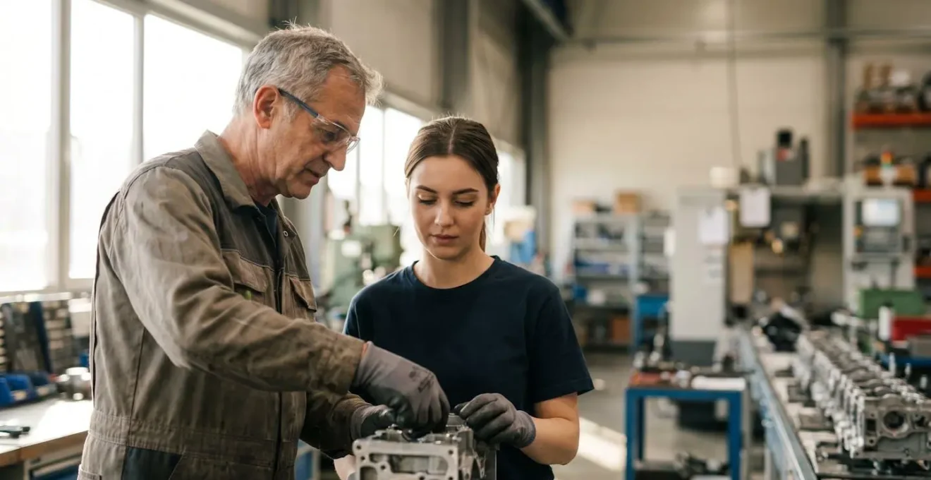 Technicien senior transmettant son savoir-faire à un apprenti dans un atelier industriel moderne