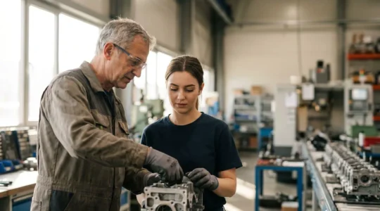 Technicien senior transmettant son savoir-faire à un apprenti dans un atelier industriel moderne