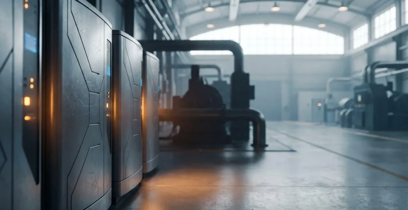 Vue large d'un environnement industriel moderne avec automates programmables et systèmes de surveillance en temps réel
