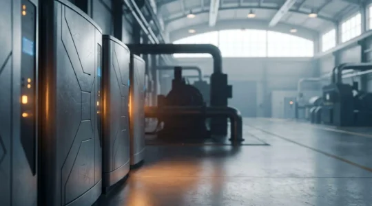Vue large d'un environnement industriel moderne avec automates programmables et systèmes de surveillance en temps réel