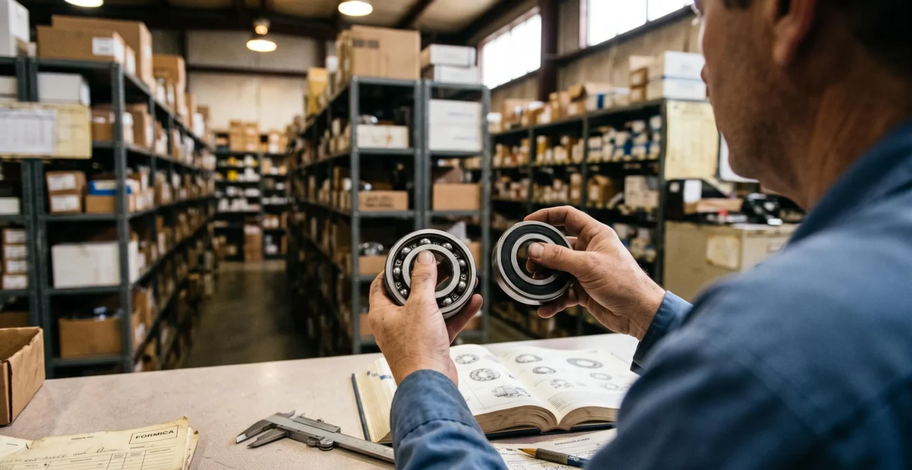 Un acheteur compare deux roulements à billes dans un magasin de pièces industrielles.