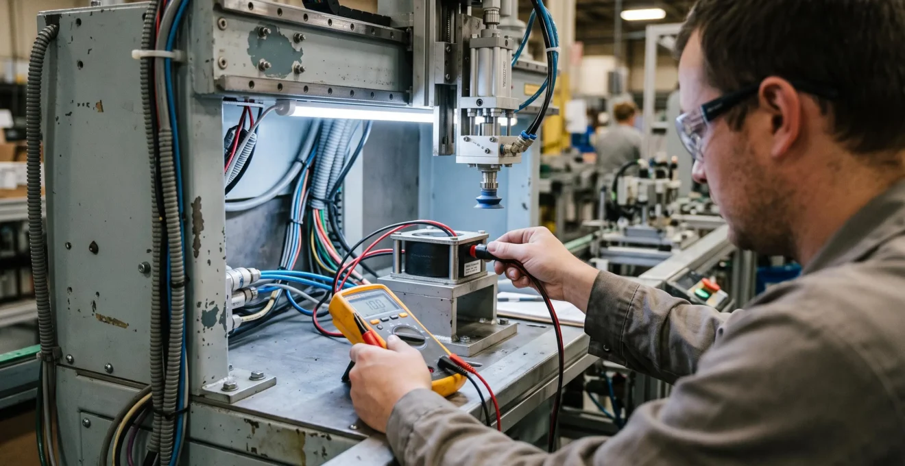 Un ingénieur automatisme raccorde le câble d'un électroaimant sous un module de préhension.