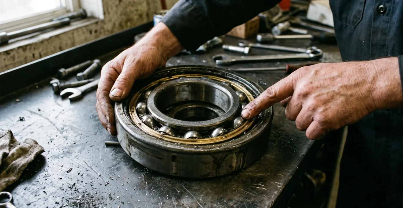 Un roulement à billes désassemblé montre ses billes entre les bagues sur un établi.