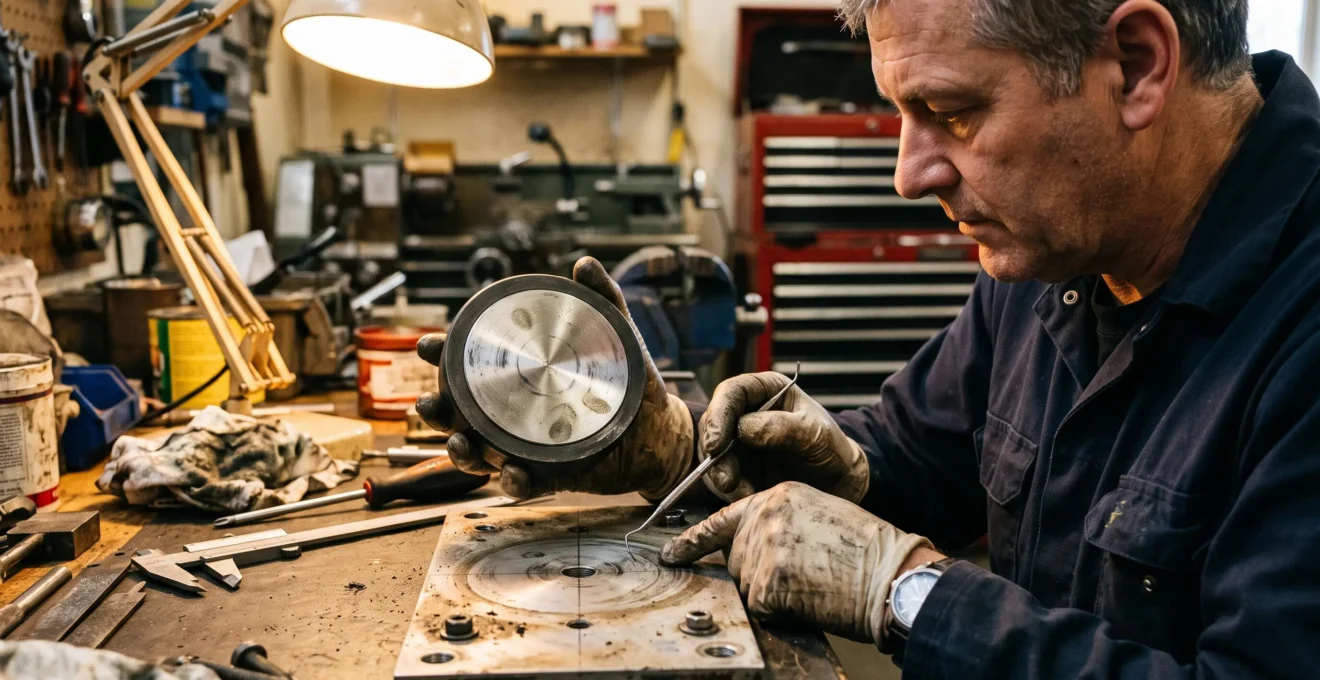 Un technicien examine un électroaimant usé retiré d'un équipement sur un établi.