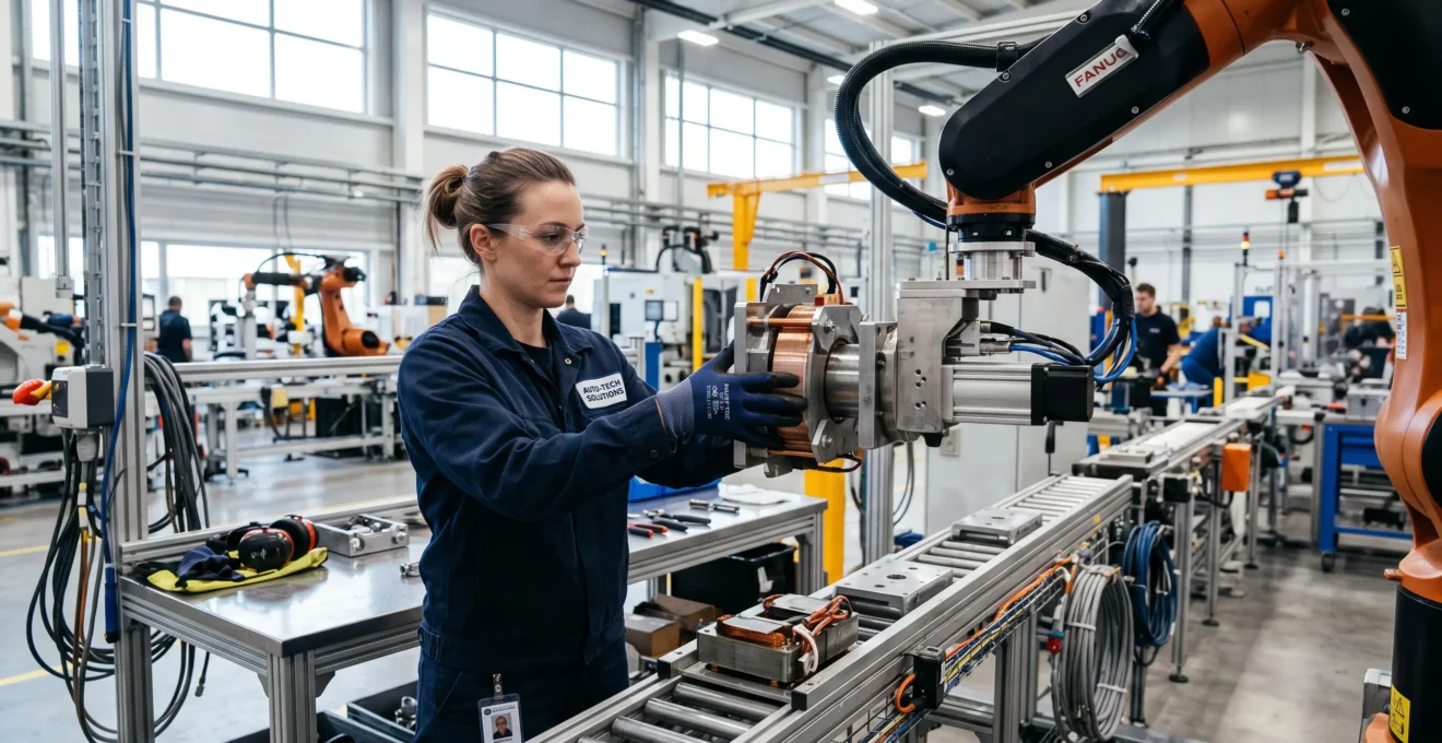 Un technicien fixe un électroaimant industriel sur un bras robotisé en usine.